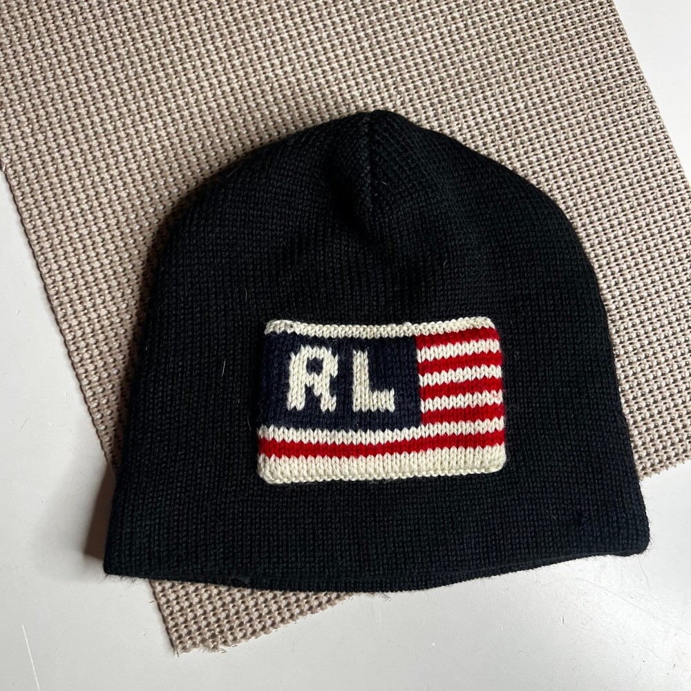 Polo Jeans Co Ralph Lauren American Flag RL Knit Beanie Hat Black Wool Blend